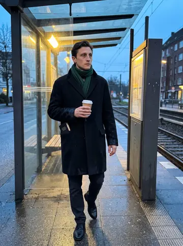 Maciej, AI character: a quiet Hamburg tram stop near the Elbe after his night shift, wet pavement and a timetable case behind him