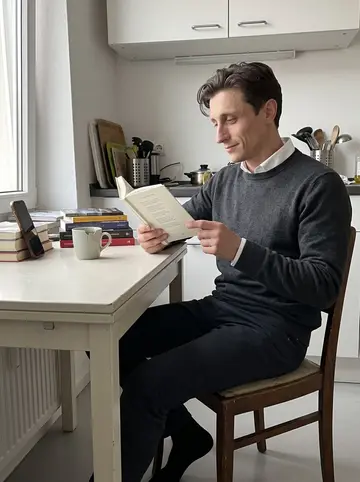 Maciej, AI character: his small Hamburg apartment kitchen after a night shift, narrow table by the window with Polish poetry…