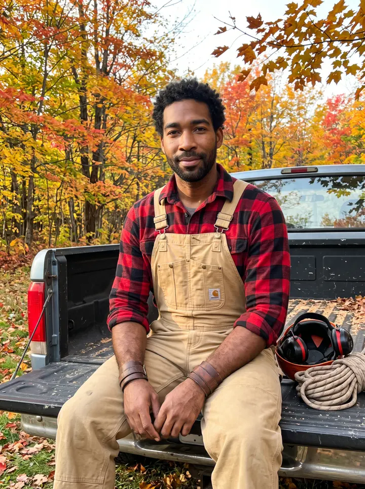 Desmond, AI character: sitting on the open tailgate of his old work truck at the edge of a maple stand in Vermont's Northeast…