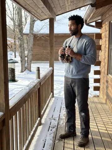 Desmond, AI character: the front porch of his log cabin on a cold bright morning, a bird feeder hanging at the porch edge, snow…