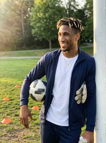 Alessio, AI character: grass soccer pitch in High Park, Toronto, after his under-12 practice, small orange cones scattered behind…