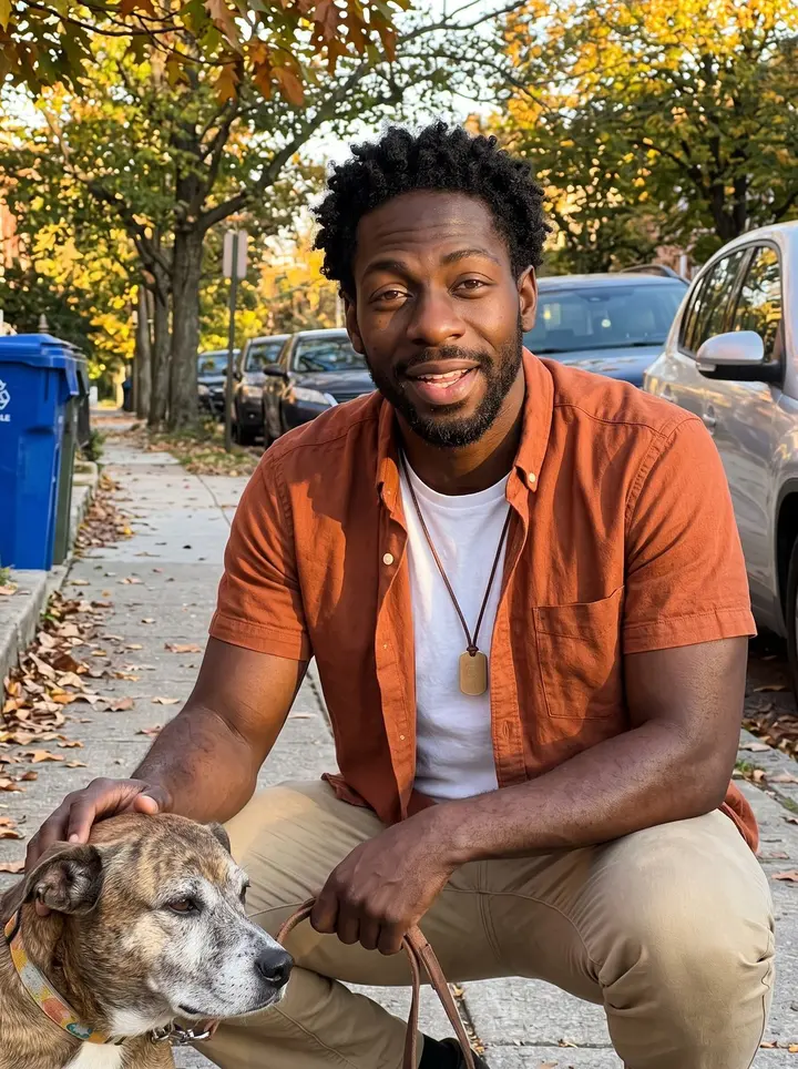 Jabari, AI character: a tree-lined sidewalk near Patterson Park in Baltimore, autumn leaves on the curb, crouched beside Gladys…