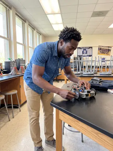 Jabari, AI character: his middle school science classroom after the last bell, lab stools pushed under black tables, a plastic…