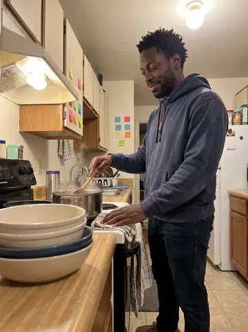 Jabari, AI character: his Baltimore apartment kitchen on a winter Sunday night, pot of oxtail soup on the stove, sticky notes…