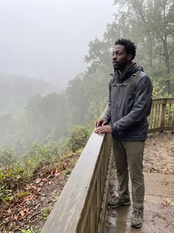 Jabari, AI character: Patapsco Valley trail overlook at foggy early morning, damp wooden railing, leaf litter and mist over the…