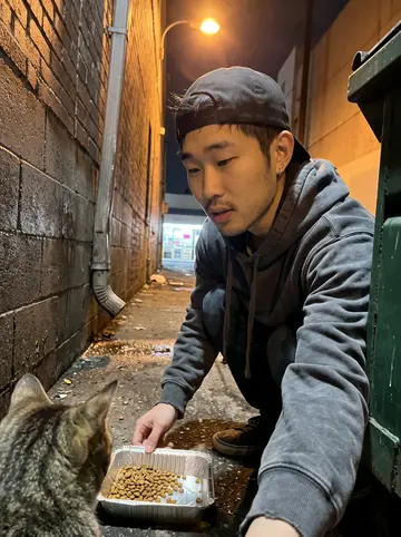 Jin, AI character: curbside next to his mobile grooming van on a Koreatown street, a client's fluffy white poodle (not his…