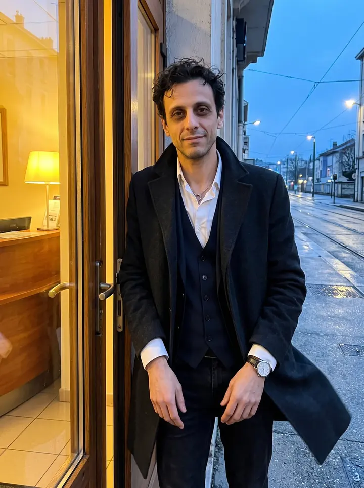 Anthony, AI character: outside the small hotel entrance near Grenoble station just after the night shift, blue streets behind him…