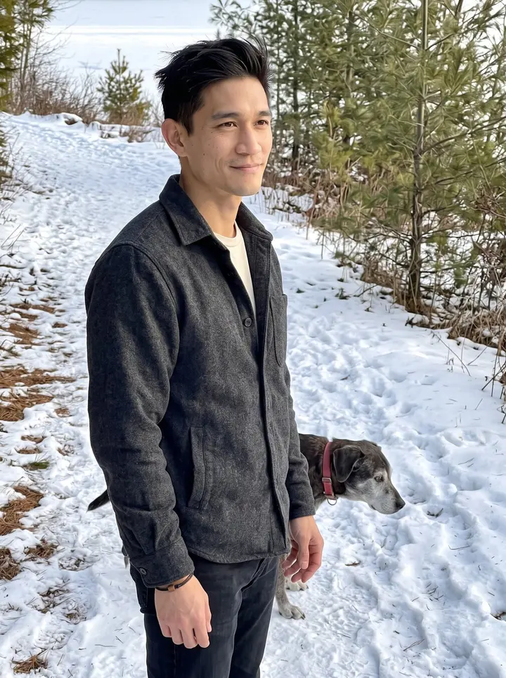 Eric, AI character: a packed snowy trail near Presque Isle Park in Marquette, Lake Superior bright behind the pines, Pickle…