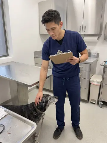 Eric, AI character: the treatment room of the Marquette animal clinic during a quiet morning shift, exam table and supply…