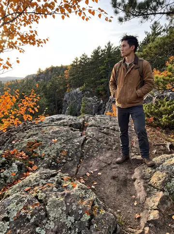 Eric, AI character: a rocky overlook in the Huron Mountains at the end of a solo hike, orange birch leaves and dark pine…
