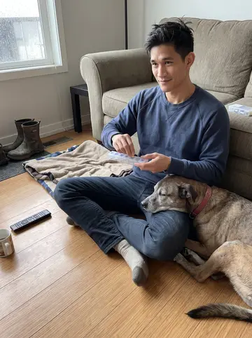 Eric, AI character: his living room on a rainy spring afternoon, old couch, dog blanket, muddy boots by the door, Pickle…