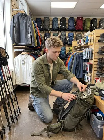 Nick, AI character: the sales floor of the Duluth outdoor gear shop, wall of backpacks, folded rain jackets, boot display and…