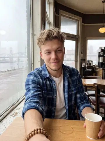Nick, AI character: a small Duluth coffee shop near the harbor, foggy window behind him and a paper cup on the table