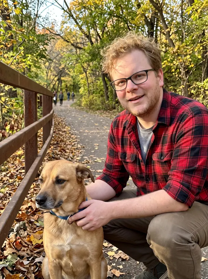 Gary, AI character: the walking path near Minnehaha Falls in Minneapolis, autumn leaves along the rail and Biscuit sitting…
