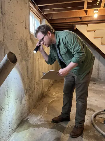 Gary, AI character: the unfinished basement of a small Minneapolis bungalow during a water-damage inspection, damp concrete…