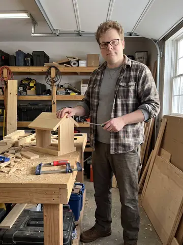 Gary, AI character: his garage workbench on a bright cold winter afternoon, wood scraps and a half-built bird feeder clamped…