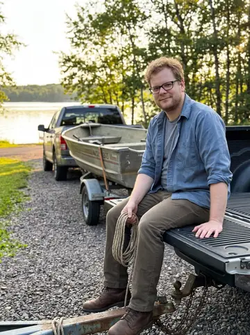 Gary, AI character: a small lakeside driveway outside Duluth, his uncle's old fishing boat on a trailer behind a pickup