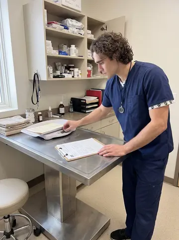 Josiah, AI character: a small veterinary clinic treatment room in Duluth, beside a stainless exam table and supply shelves