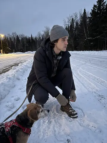 Josiah, AI character: a snowy trailhead near the Superior Hiking Trail, his headlamp hanging unlit around his neck while Mabel…