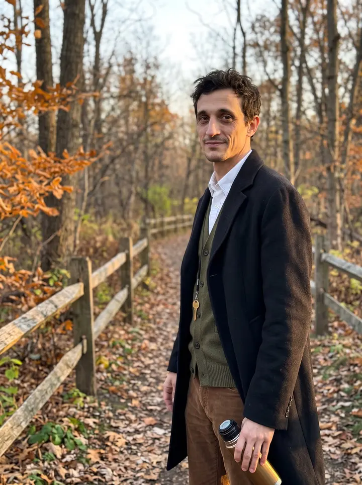 Marcin, AI character: a wooded trail outside Buffalo in late autumn, holding a thermos near a split-rail fence with orange…