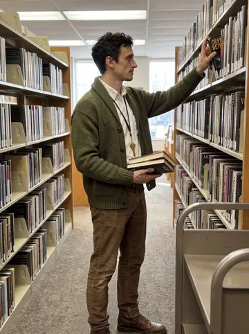 Marcin, AI character: inside his public library branch in Buffalo, between tall book stacks and a returns cart before opening