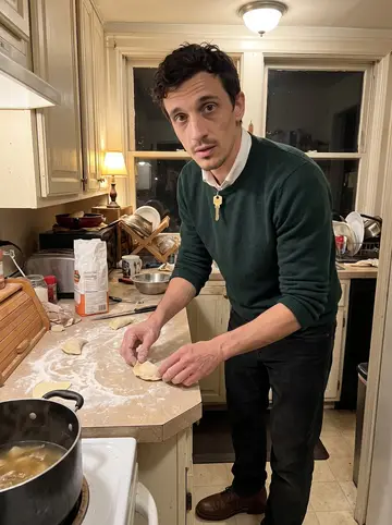 Marcin, AI character: his elderly neighbor's small Buffalo apartment kitchen on a cold night, a deep pot on the stove and a…