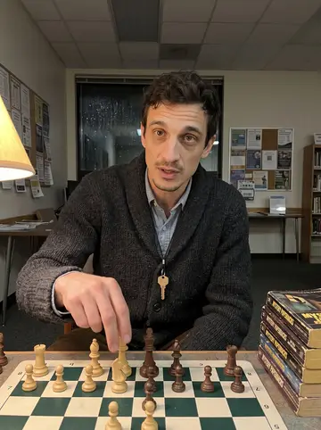 Marcin, AI character: a quiet library community room on a rainy Tuesday evening, a chessboard on the table and old mystery…